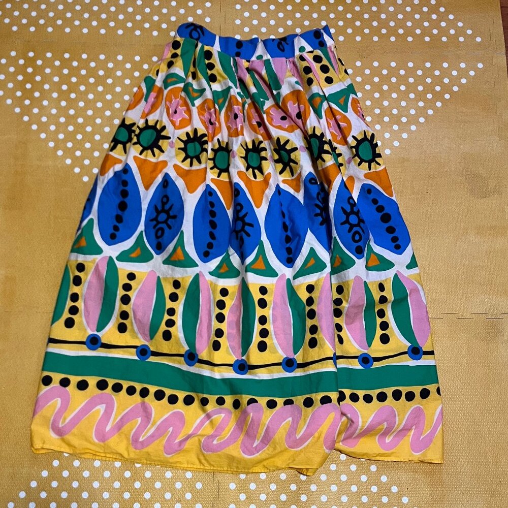 ZARA Colorful Cotton Abstract Batik African Print Pleated Maxi Skirt Size Small